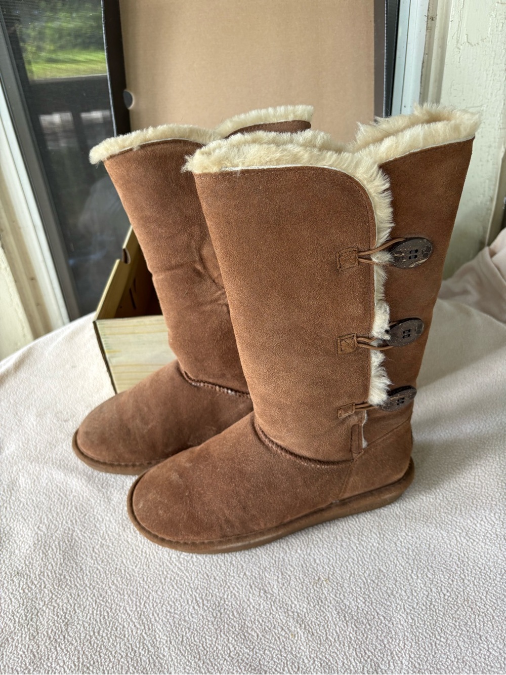 BearPaw Tall Suede Boots with Faux Fur Trim — Chestnut Brown
